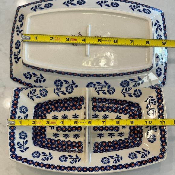 Manufaktura Boleslawcu Chip Dip Polish Pottery Divided Dish Floral Blue Red - Picture 7 of 8